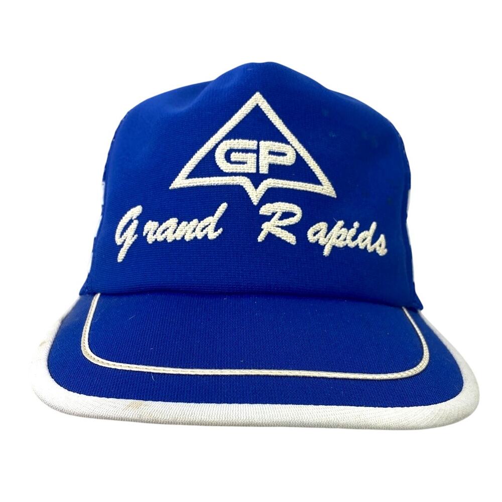 Vtg GP Grand Rapids Michigan Blue 3 Stripe Puff Print Snapback Trucker Hat Cap